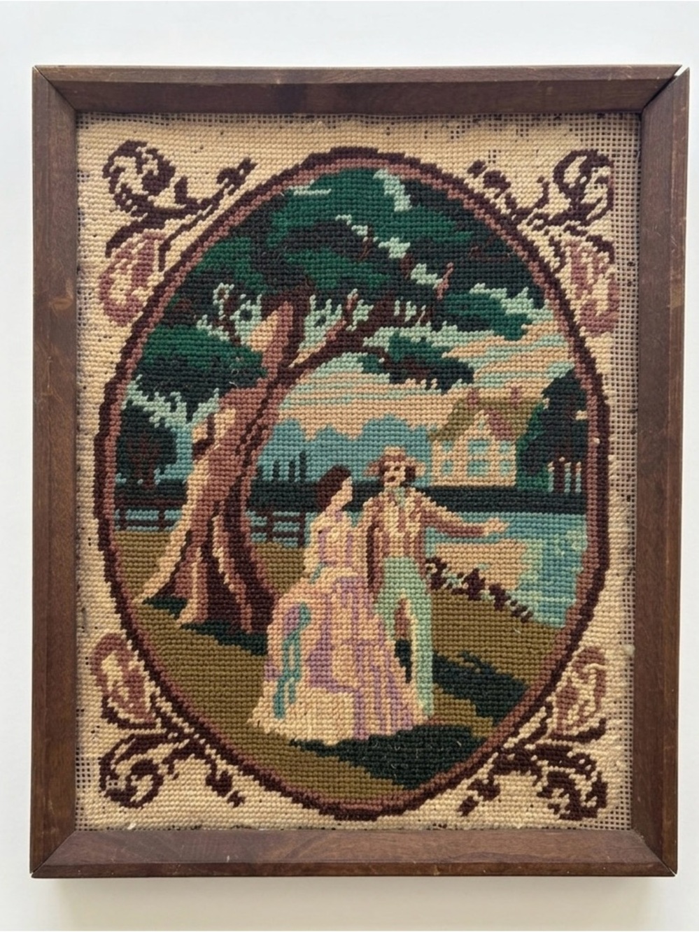 Vintage Handmade Needlepoint Framed Art Victorian Couple Cottage Scene Aged
